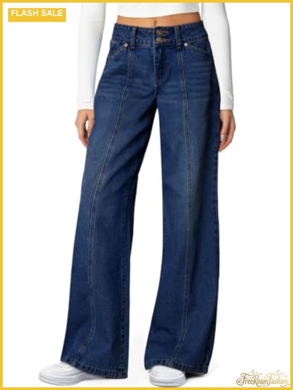 High Waisted Wide Leg Stretchy Jeans with Seamed Design Dual Button